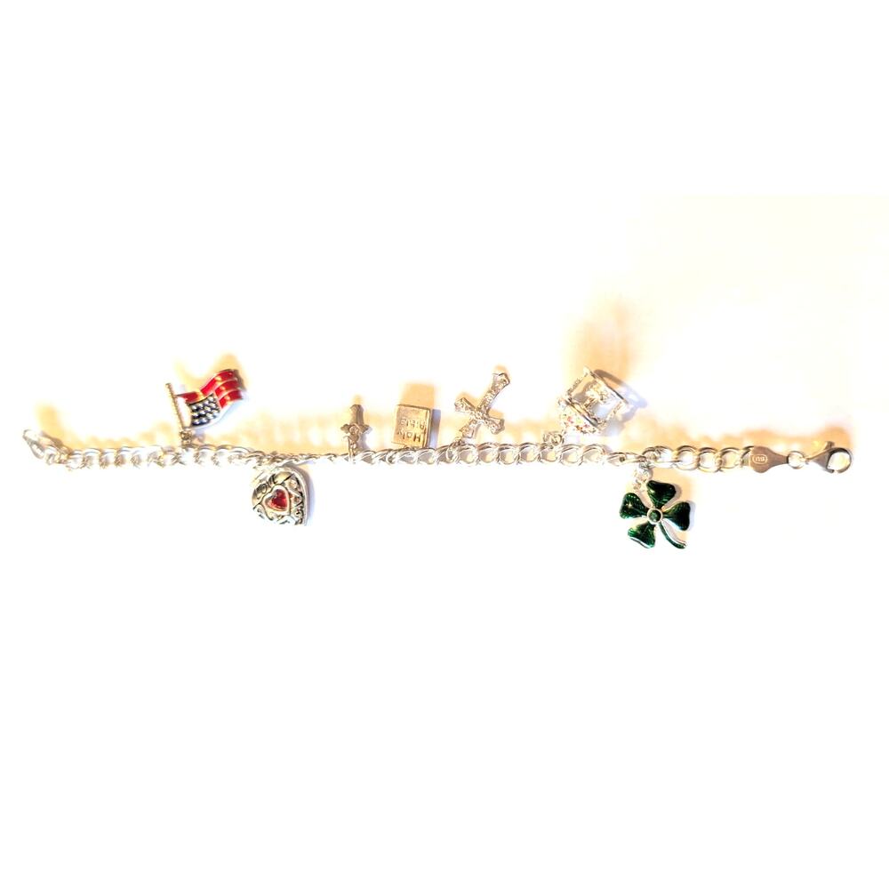 Vintage Sterling Silver Italy Charm Bracelet 7 Charms 8 in. Patriotic Religious